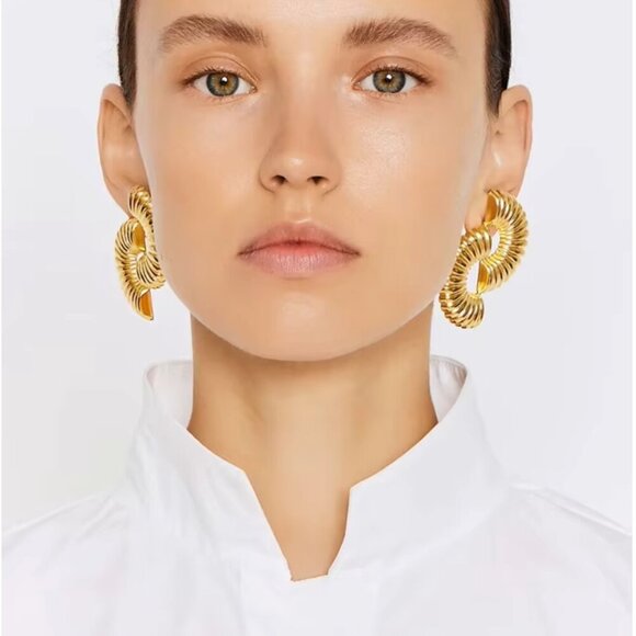 Stace Gold-Tone Semicircle Staggered Ribbed Earrings - Stainless Steel Earrings - Picture 1 of 7